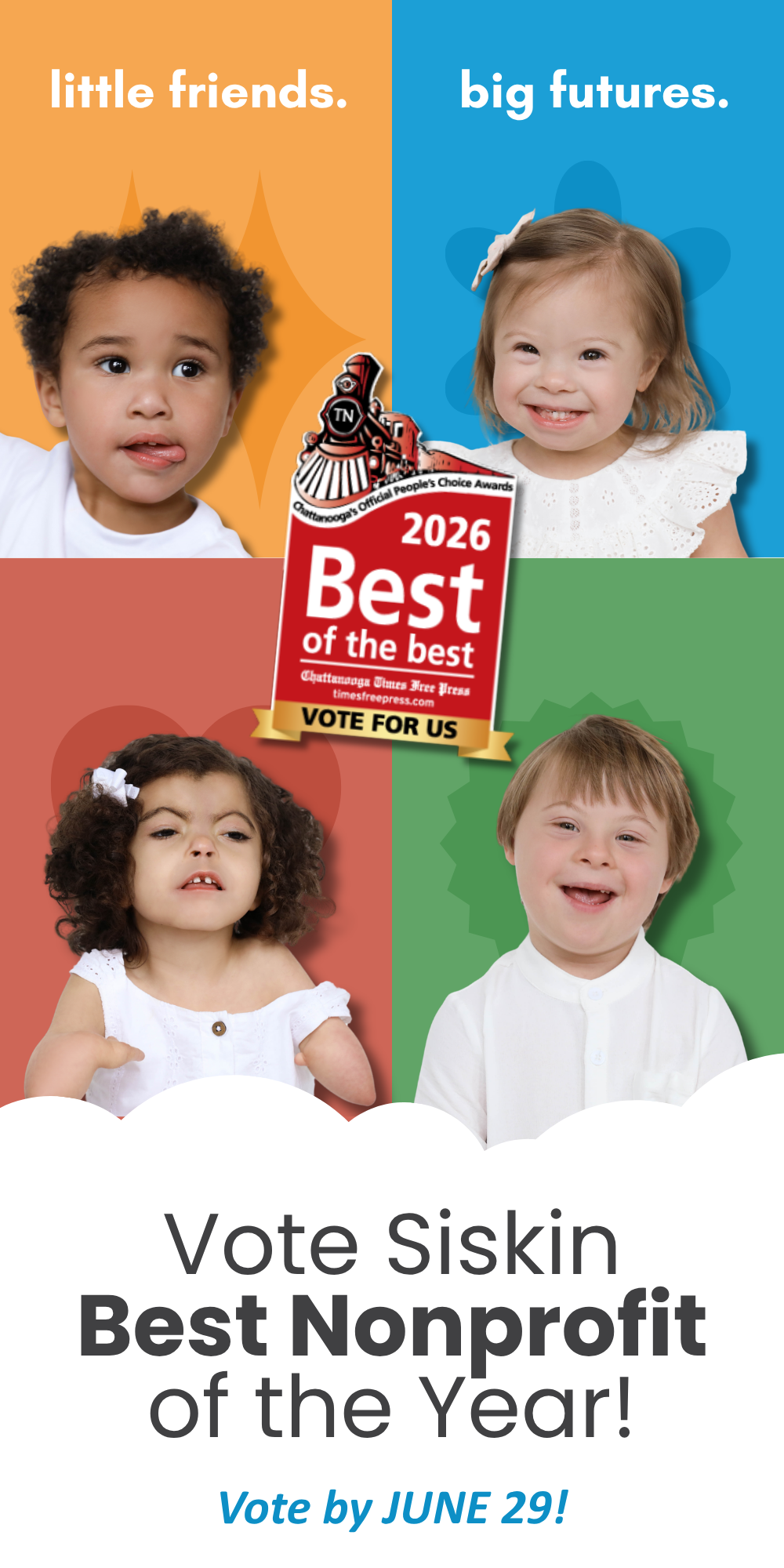 Best of the Best Pop-Up form featuring four Siskin kids with yellow, blue, red, and green backgrounds